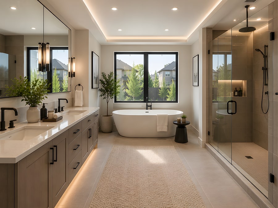 Bathroom with a double vanity and a glazed walk-in shower