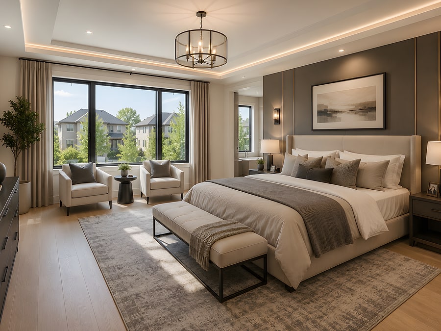 Bedroom with a wide window and a panelled headboard wall
