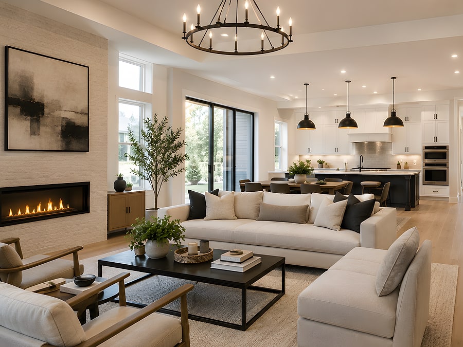 Living room open to the kitchen, with glazed doors