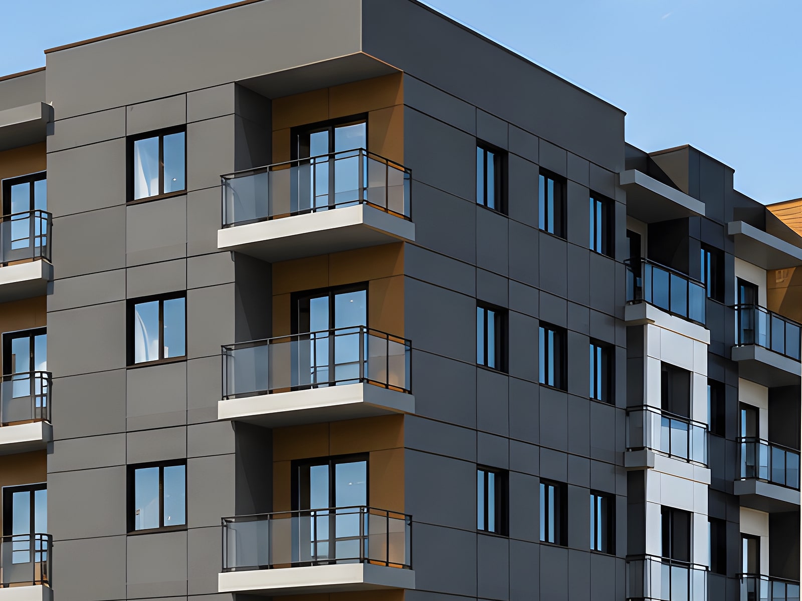 Balconies and cladding on the building at Gorman