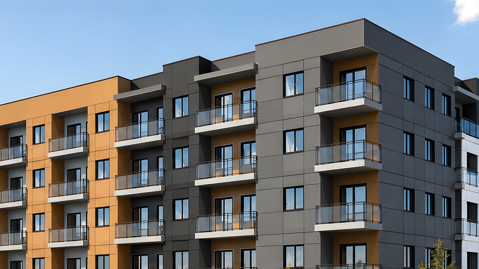 Balconies stacked over the corner of the building at Gorman