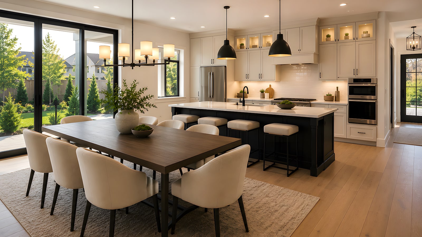 Open-plan suite interior with a kitchen island, dining table and full-height glazing