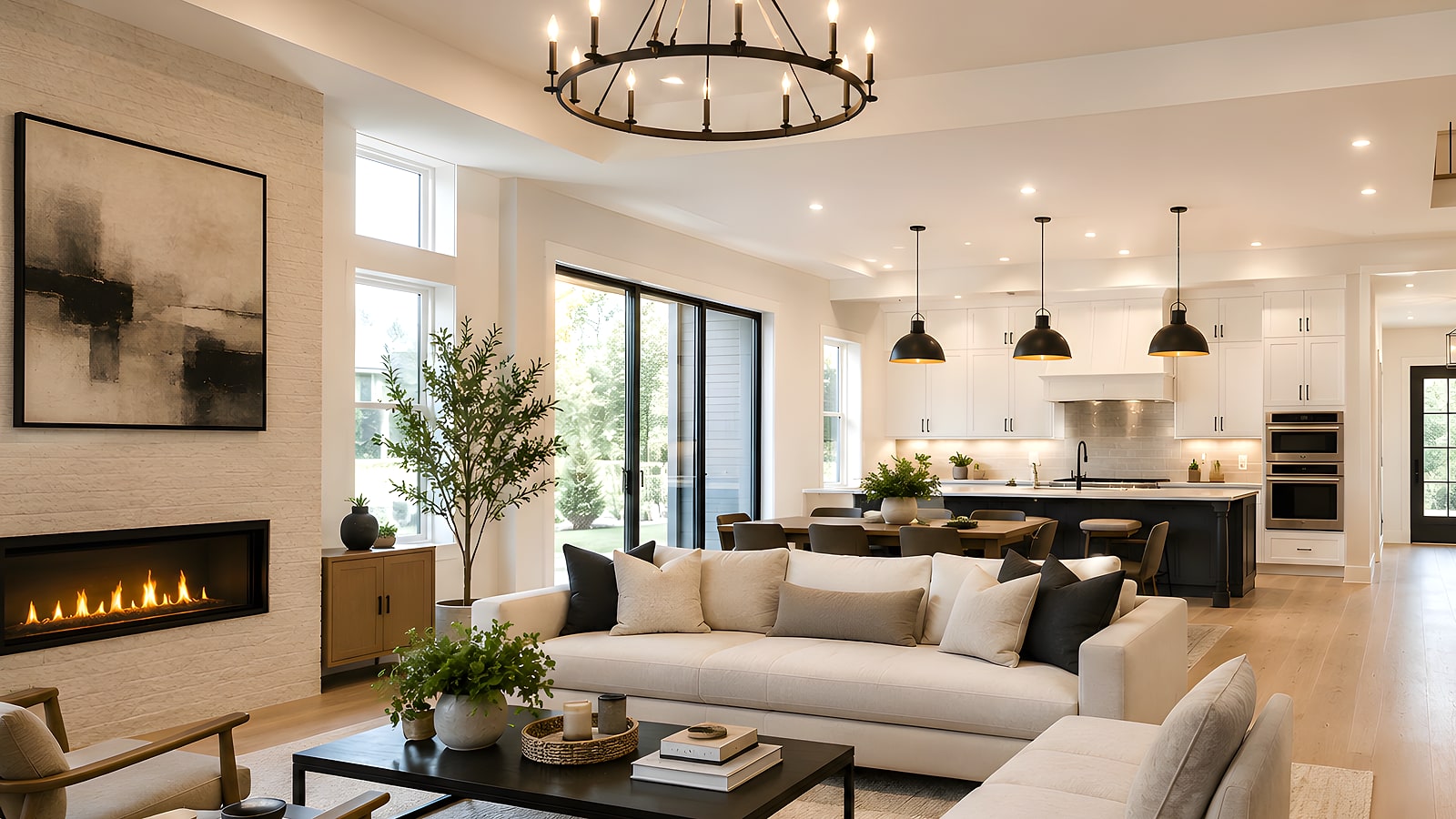 Living room open to the kitchen beyond