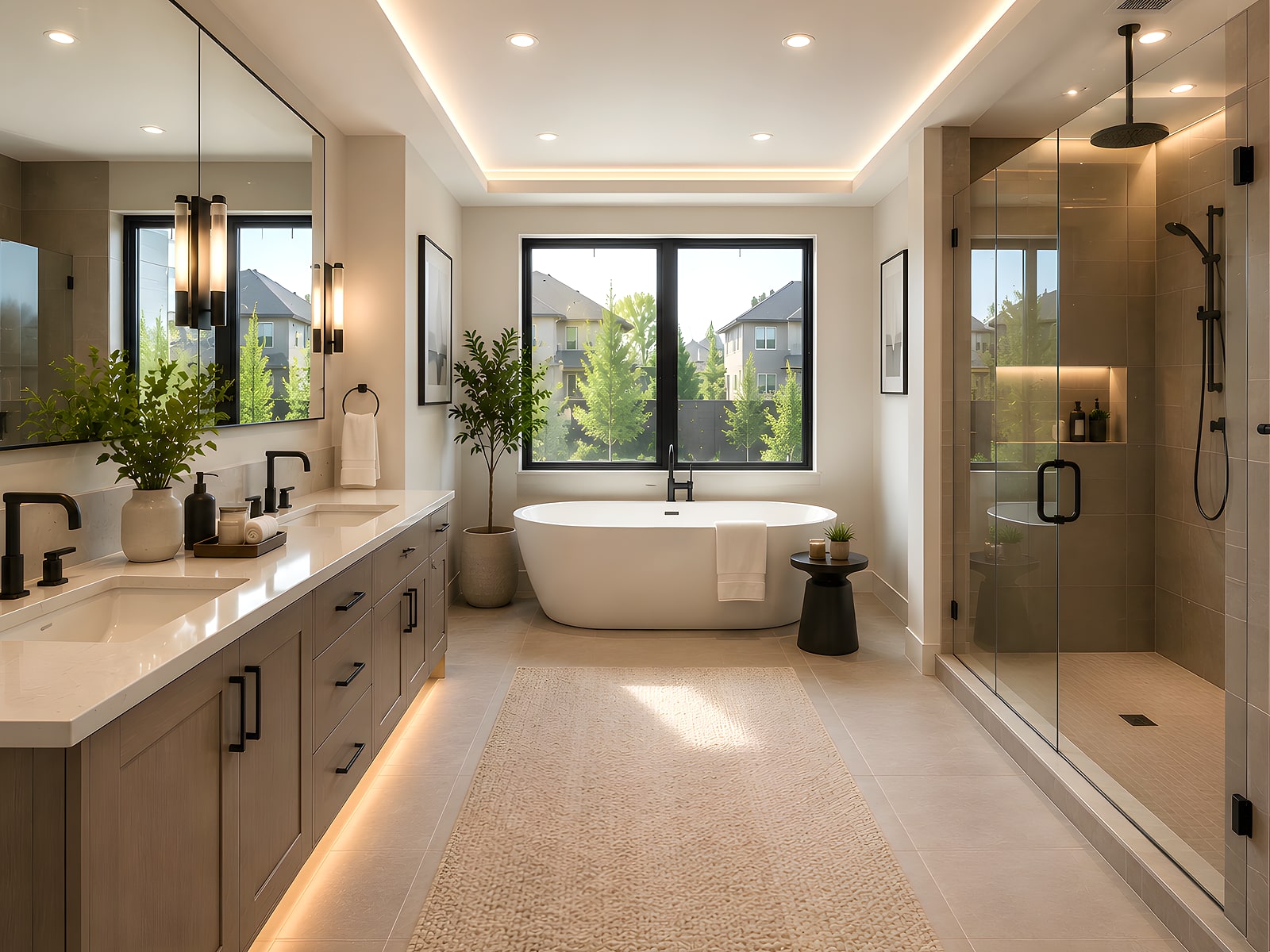 Bathroom with a double vanity and a glazed walk-in shower