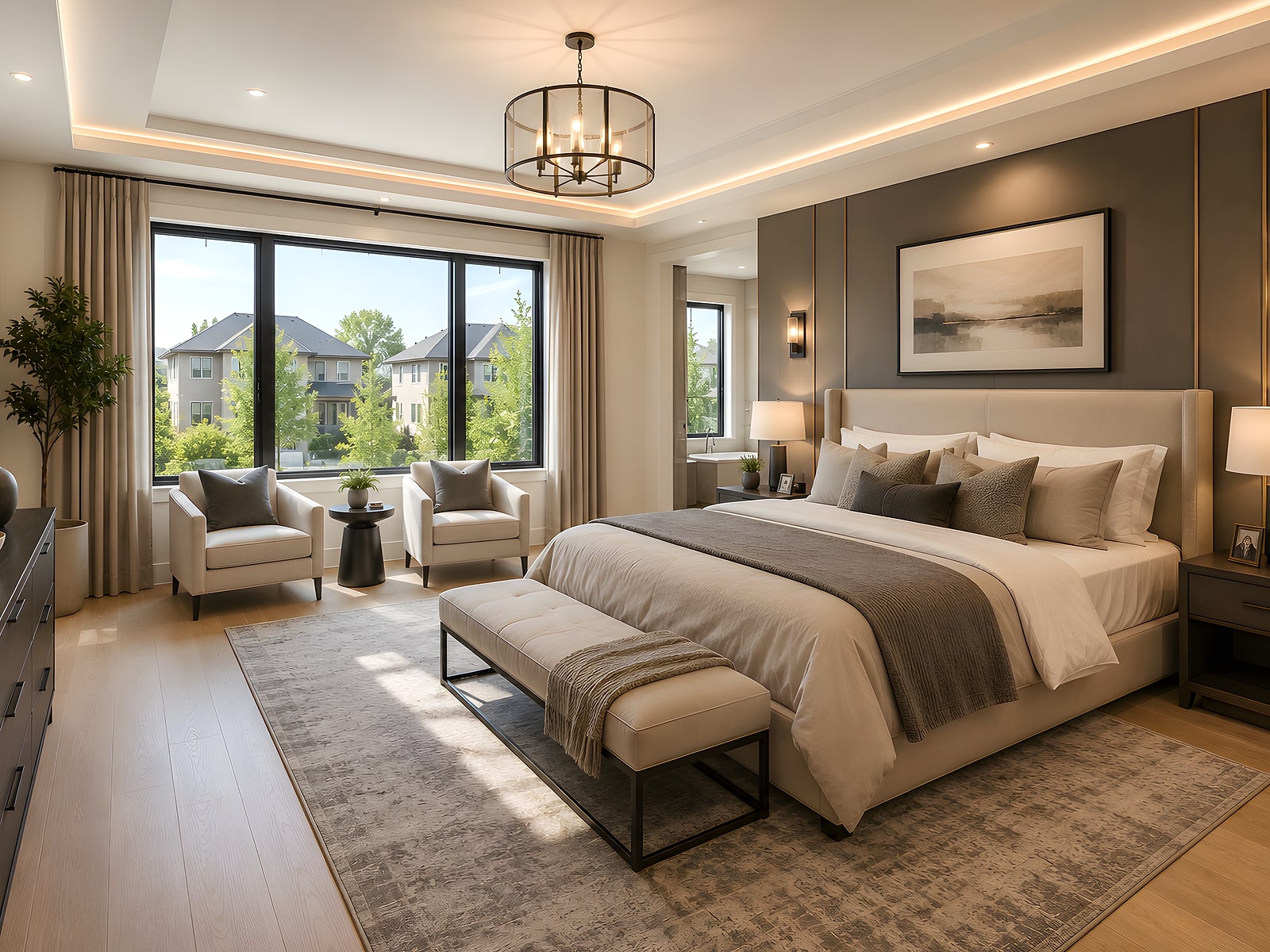 Bedroom with a wide window and a panelled headboard wall