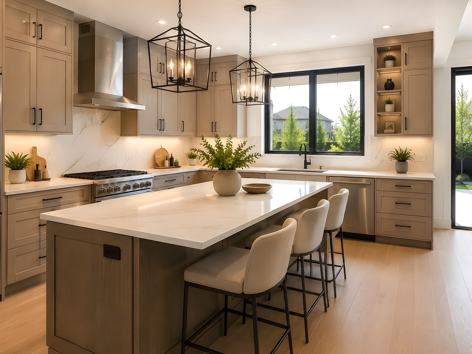 Kitchen with oak cabinetry, a quartz island and seating for four