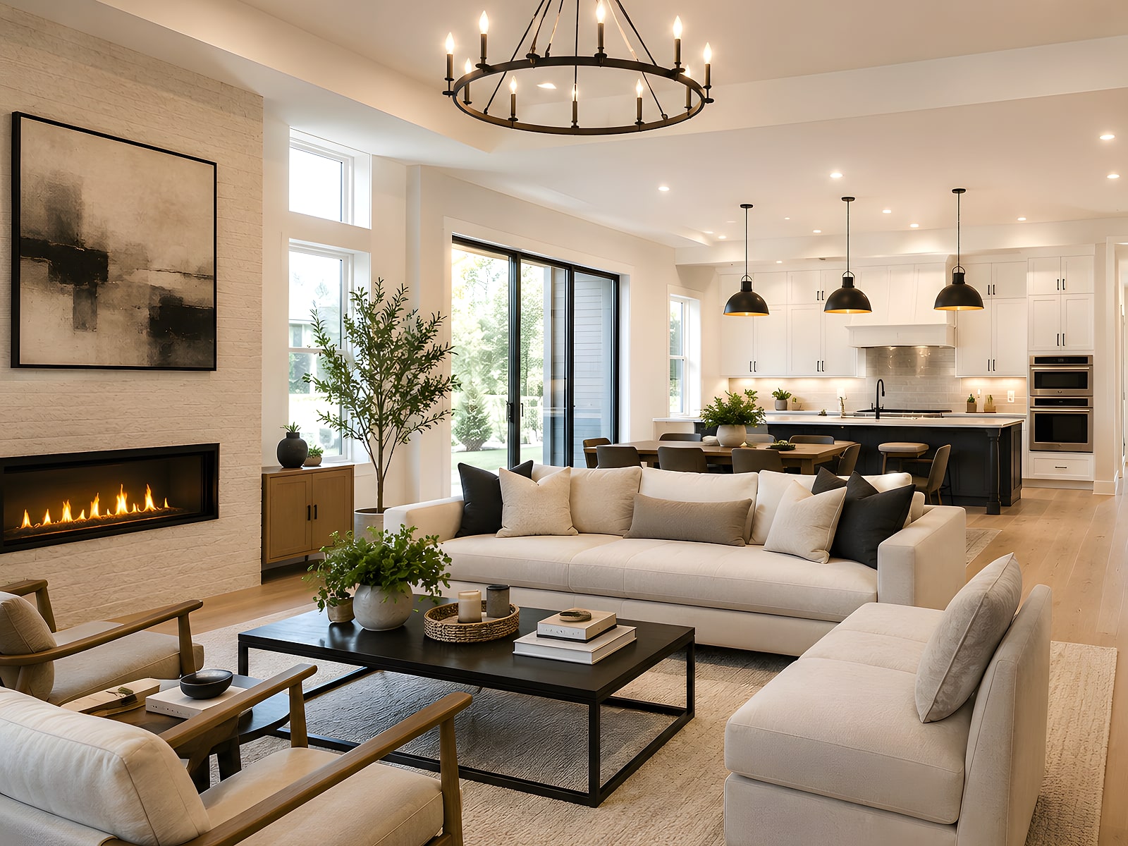 Living room open to the kitchen, with glazed doors